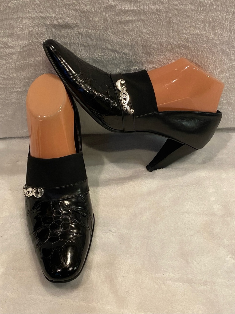Brighton Rhiana Croc-Embossed Patent Leather Mules Heels Shoes Black Size 9N EUC